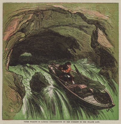 Peter Wilkins føres under jorden af strømmen til Inland Lake (farve litho) af after Hablot Knight Browne