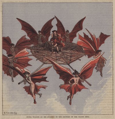 Peter Wilkins på sin rejse til de flyvende mænds land (farve litho) af after Hablot Knight Browne
