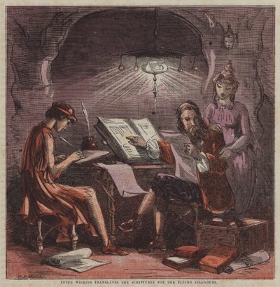 Peter Wilkins oversætter skrifterne for Flying Islanders (farve litho) af after Hablot Knight Browne