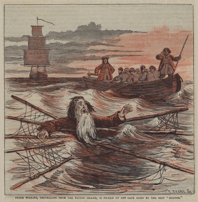 Peter Wilkins, der rejser fra Flying Island, bliver samlet op ud for Kap Horn af skibet "Hector" (farve litho) af after Hablot Knight Browne