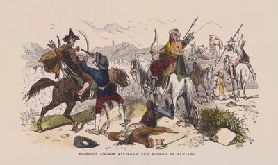 Robinson Crusoe angrebet og bestjålet af tartarer (farvet indgravering) af after Hablot Knight Browne
