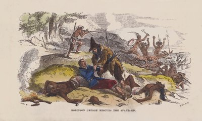 Robinson Crusoe redder spanieren (farvet gravering) af after Hablot Knight Browne