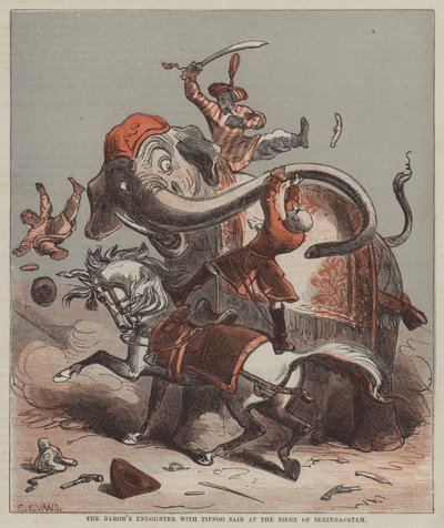 Baronens møde med Tippoo Saib ved belejringen af Seringapatam (farve litho) af after Hablot Knight Browne