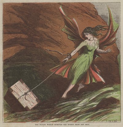 Den flyvende kvinde fjerner lagrene fra skibet (farve litho) af after Hablot Knight Browne
