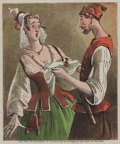Konen til bonden i Brobdingnag er forskrækket ved synet af Gulliver (farve litho) af after Hablot Knight Browne