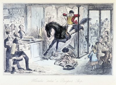 Hestejæger kommer ved et uheld ind i en stofbutik. Engelsk tegneserie om jagt tager fra "" eventyr af Thomas Scott eller Hawbuck Grange"" illustration af H.K. Browne og W.T. Maud. af Hablot Knight Browne