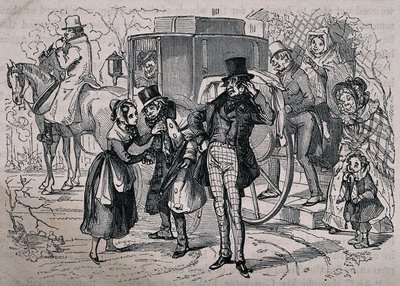 En ung kvinde tager sig af en mand, der ser syg ud, mens folk fra huset stiger op i vognen. Træsnit af Gray efter H.K. Browne. af Hablot Knight Browne