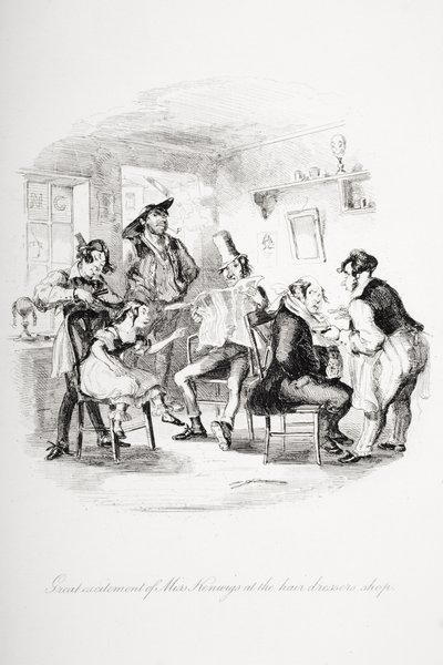 Stor begejstring hos Miss Kenwigs i frisørbutikken, illustration fra `Nicholas Nickleby