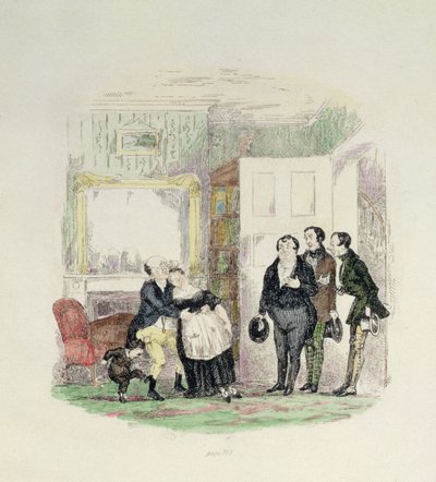 Mr. Pickwick bliver fundet af sine venner med fru Bardell i armene, illustration fra 