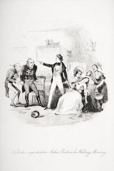 Nicholas lykønsker Arthur Gride med hans bryllupsmorgen, illustration fra `Nicholas Nickleby