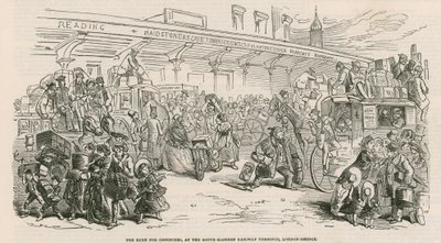 The Great Cab Strike: Suset efter omnibusser, ved South-Eastern Railway Terminus, London Bridge af Hablot Knight Browne