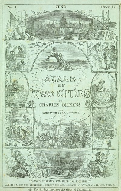 Titelside fra første del af den første udgave i serialiserede dele af bogen "A Tale of Two Cities" af Charles Dickens, 1859 af Hablot Knight Browne