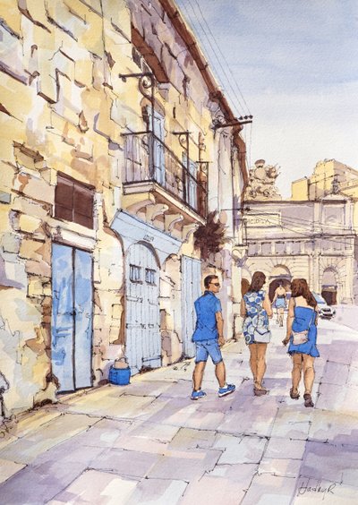 Trekant i blåt, Valletta, Malta, ca. 2024 (akvarel og blæk) af Hadley Rampton