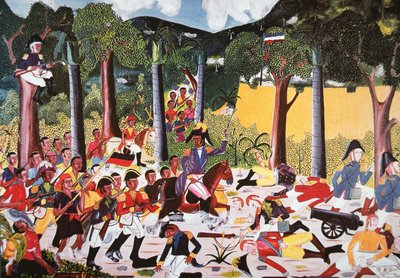 Haitiere under Jean Jacques Dessalines besejrer Napoleons tropper (olie på lærred) af Haitian School