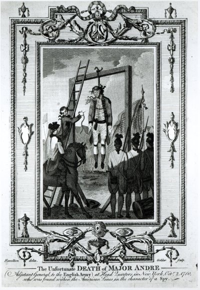 Den uheldige død af major Andre, generaladjudant for den engelske hær, i hovedkvarteret i New York, 2. oktober 1780, indgraveret af John Goldar (1729-1795) af Hamilton