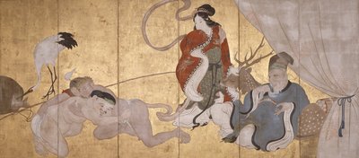 Seven Gods Of Good Fortune (blæk, farve og bladguld på papir, seksdobbelt skærm) af Hanabusa Itcho