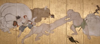 Seven Gods Of Good Fortune (blæk, farve og bladguld på papir, seksdobbelt skærm) af Hanabusa Itcho