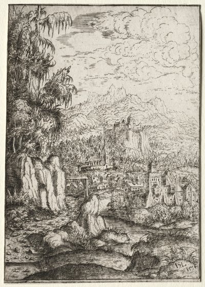 Landskab med en vej til et slot på en ø i en flod, 1554. af Hanns Sebald Lautensack
