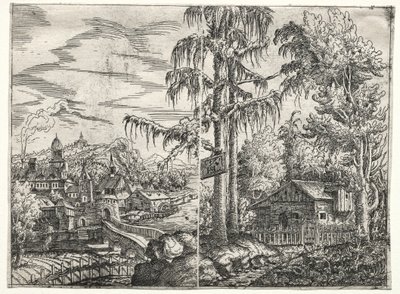 Landskab med byen ved en flod og hytten mellem træer, 1551. af Hanns Sebald Lautensack