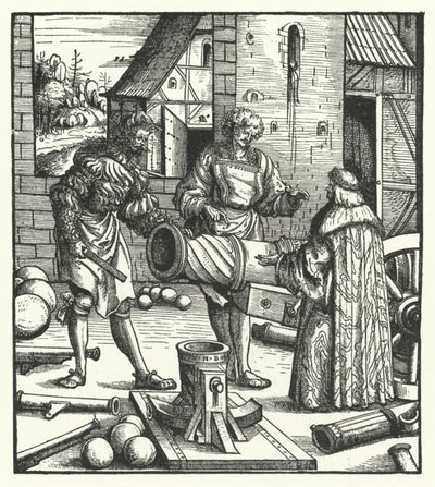 Ærkehertug Maximilian af Østrig rådgiver våbensmede (gravering) af Hans (after) Burgkmair