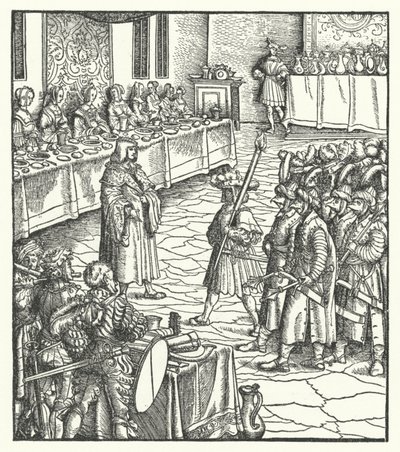Ærkehertug Maximilian af Østrig instruerer et mummers skuespil (gravering) af Hans (after) Burgkmair