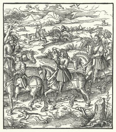 Ærkehertug Maximilian af Østrig jager hejrer (gravering) af Hans (after) Burgkmair