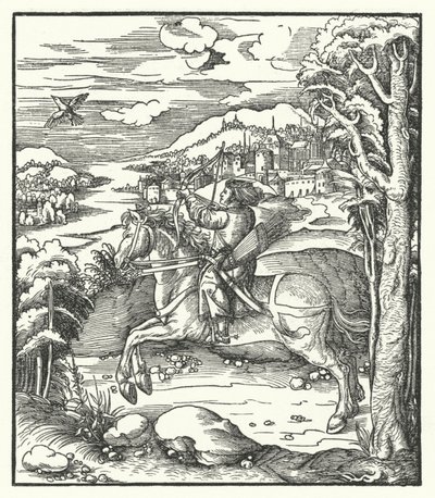 Ærkehertug Maximilian af Østrig på jagt på hesteryg (gravering) af Hans (after) Burgkmair