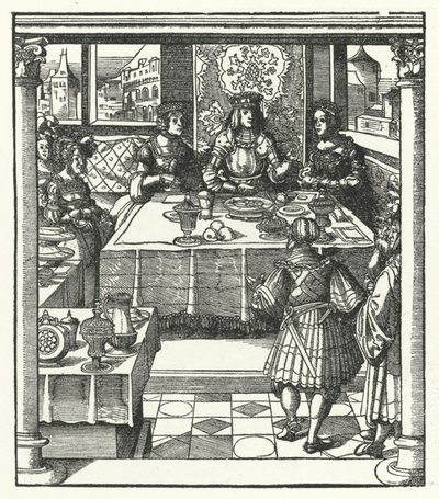 Ærkehertug Maximilian af Østrig besøger sin kommende kone, Maria af Bourgogne, og hendes mor, Isabella af Bourbon (stik) af Hans (after) Burgkmair