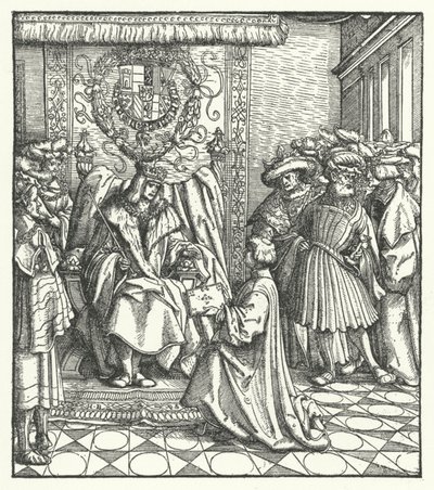 Dedikation af en bog til den hellige romerske kejser Maximilian I (stik) af Hans (after) Burgkmair