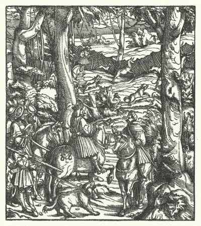 Maximilian I, romernes konge, modtager en besked under jagt (gravering) af Hans (after) Burgkmair