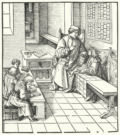 Maximilian modtager instruktion (gravering) af Hans (after) Burgkmair