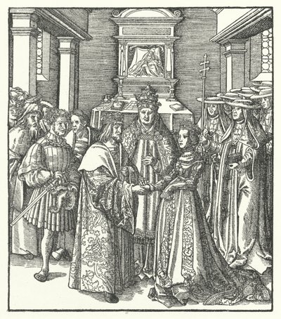 Pave Nicholas V præsiderer over ægteskabet mellem den hellige romerske kejser Frederik III og Eleanor af Portugal i Rom af Hans (after) Burgkmair