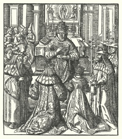 Den hellige romerske kejser Frederik III og kejserinde Eleanor modtager hellig nadver fra paven (gravering) af Hans (after) Burgkmair