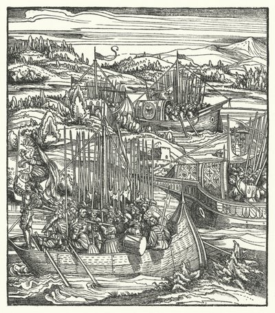 Den hellige romerske kejser Maximilian I med sin flåde ved La Spezia, Italien af Hans (after) Burgkmair