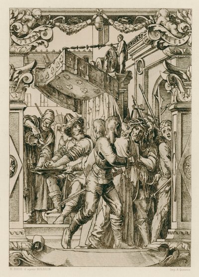 Jesus Kristus, Pilatus vasker sine hænder (gravering) af Hans (after) Holbein the Younger