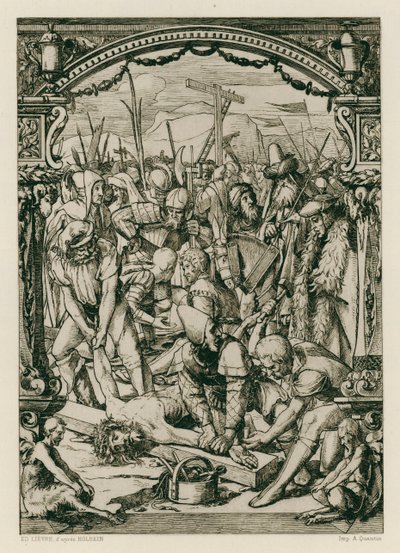 Jesus Kristus, naglet til korset (gravering) af Hans (after) Holbein the Younger
