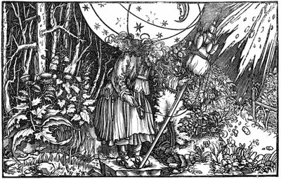 Gammel kvinde (heks eller fe), der spinder af Hans (after) Holbein the Younger