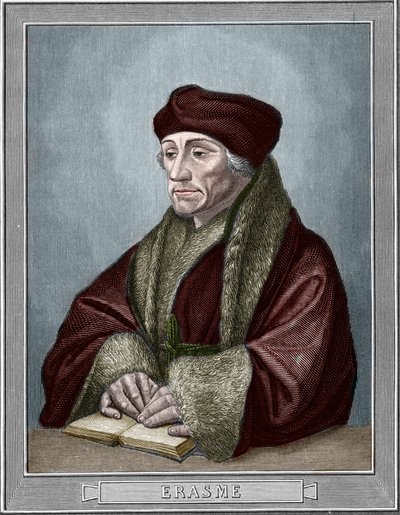 Portræt af Didier Erasme (Erasmus af Rotterdam) (1469 - 1536), hollandsk humanist. Stik efter originalen af Holbein Hans den Unge (1497-1543). Gravering af 1859 i "" gallerierne i Europa - Italien "" af armengaud. Privat samling. af Hans (after) Holbein the Younger