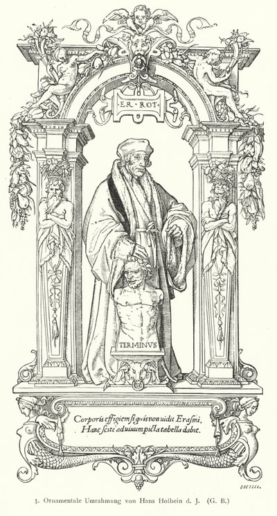 Portræt af hollandsk renæssancehumanistforsker Desiderius Erasmus med ornamental ramme (gravering) af Hans (after) Holbein the Younger