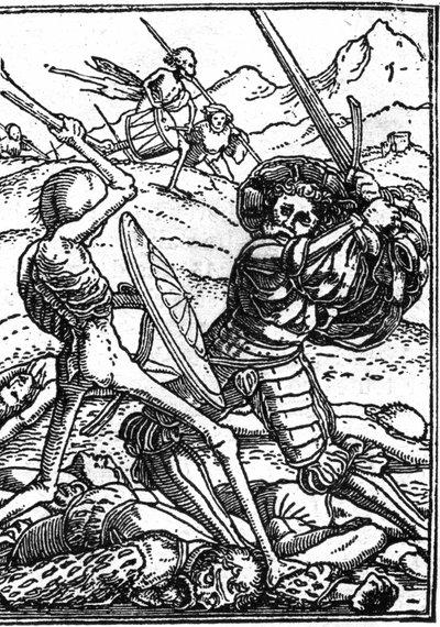 Hans Holbein den unges falske død (1497-1543): soldaten. En soldat bekæmper Døden; ved deres fødder ligger andre krigeres kroppe. Gravering. af Hans (after) Holbein the Younger