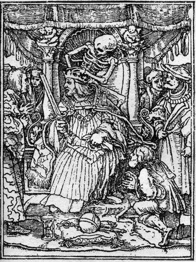Simuleringerne af Hans Holbein den unges død (1497-1543): kejseren. Mens Døden fjerner kejserens krone, beder en bonde ham om retfærdighed. Gravering. af Hans (after) Holbein the Younger