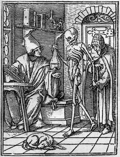 Simuleringerne af Hans Holbein den Yngres død (1497-1543): lægen. Døden kommer mellem lægen og hans patient. Gravering. af Hans (after) Holbein the Younger