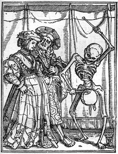 Simuleringerne af Hans Holbeins død (1497-1543): ægtemændene. Døden spiller på tromme foran et par. Gravering. af Hans (after) Holbein the Younger