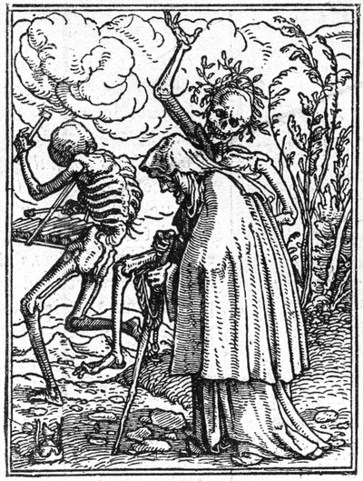 Simuleringerne af Hans Holbein den Yngres død (1497-1543): den gamle. Døden følger en gammel dame til hendes skæbne. Gravering. af Hans (after) Holbein the Younger