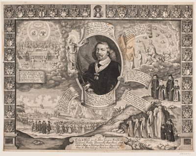 Gregers Krabbe til Torstedlund omgivet af allegoriske fremstillinger og aneskjolde af Hans Andreas Greys