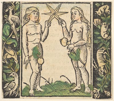 Adam og Eva holder en stjerne, illustration fra Decided Gart des Rosary Mariae. af Hans Baldung