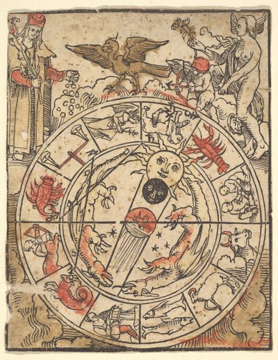 Kort over stjernetegnene med Venus, Amor og en biskopshelgen. af Hans Baldung