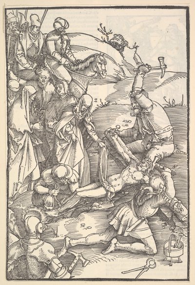 Kristus naglet til korset, omvendt: Kristus naglet til korset, fra Speculum Passionis Dom..., 1507. af Hans Baldung