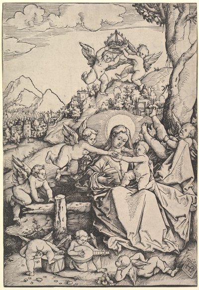 Jomfruen og barnet med otte engle i et landskab, 1511. af Hans Baldung