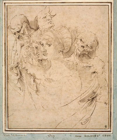 ""La mort representee avec sept tetes"" (Døden mellem syv hoveder) Tegning af Hans Baldung (Baldung Grien)(1484-1545) vers 1515 Privat samling af Hans Baldung Grien